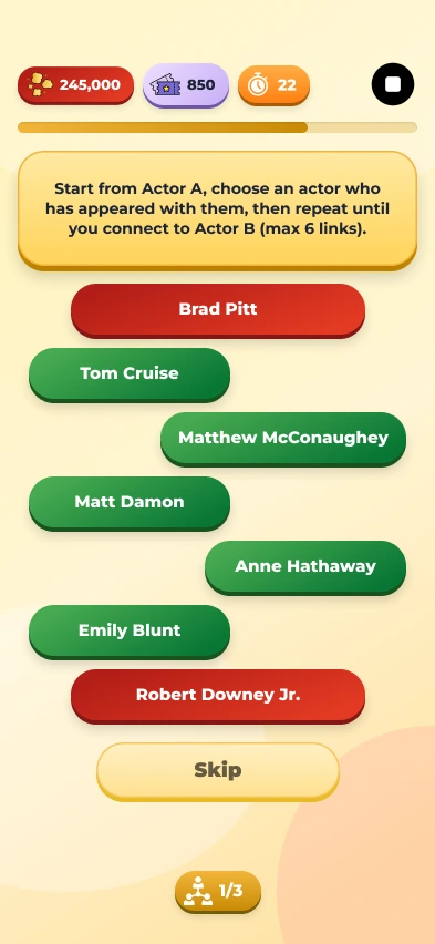 The 6 degrees game screen: a chain of actors linking Brad Pitt to Robert Downey Jr.