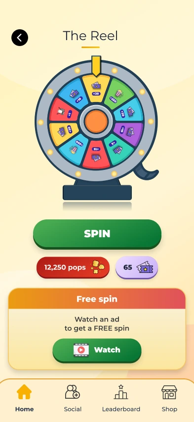 The Reel screen, the daily reward wheel