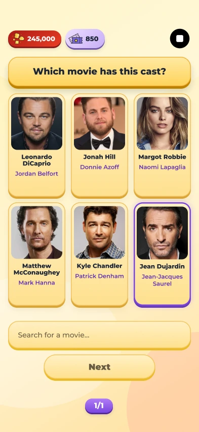 The cast game screen with all six actors revealed