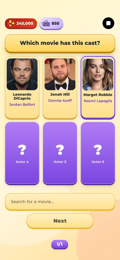 The cast game screen: three actors revealed, three still hidden