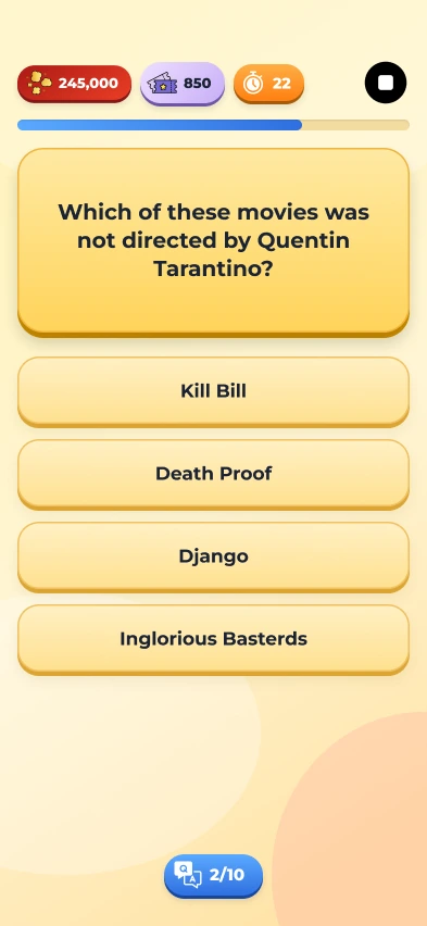 The original game screen: a question about Quentin Tarantino with four answers