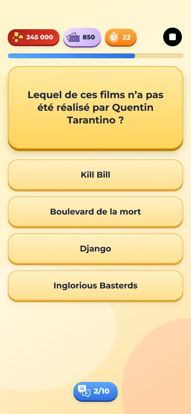 Écran du jeu Le classique : une question sur Quentin Tarantino et quatre réponses