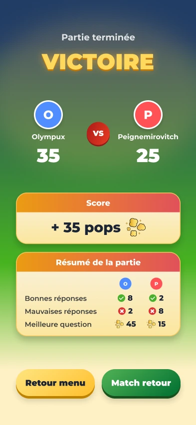 Écran de fin de partie multijoueur : victoire 35 à 25